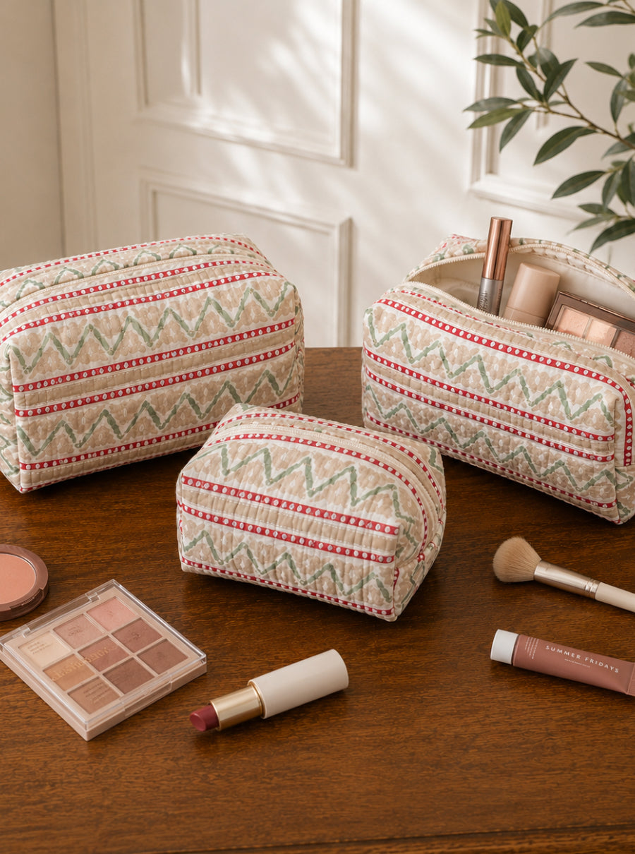 The Desi girl Handblock quilted toiletry pouch set