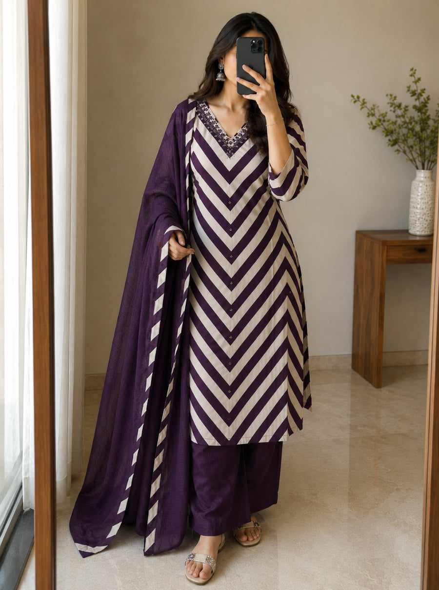 Blush Chevron Bloom Pure Cotton Suit Set with Kota dhoriya dupatta