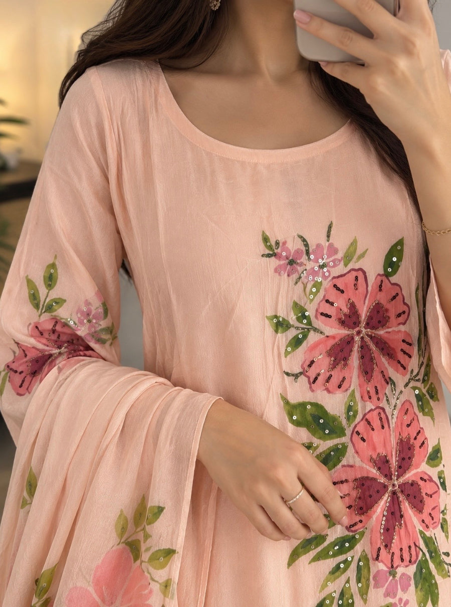Petal Élan – Peach Floral Chiffon Suit Set