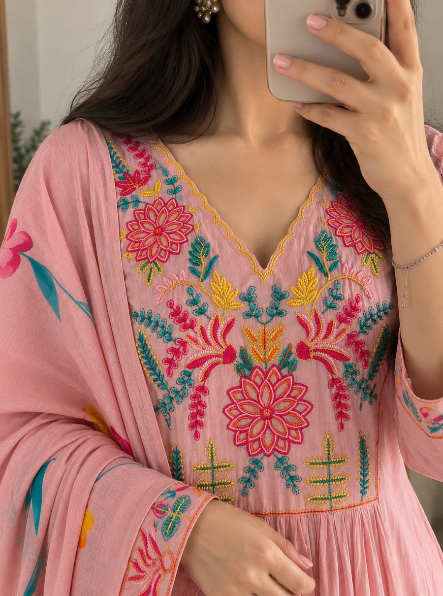 Sunehri Pista & Gulab Blush — Hand Embroidered Mulchanderi Suit Set