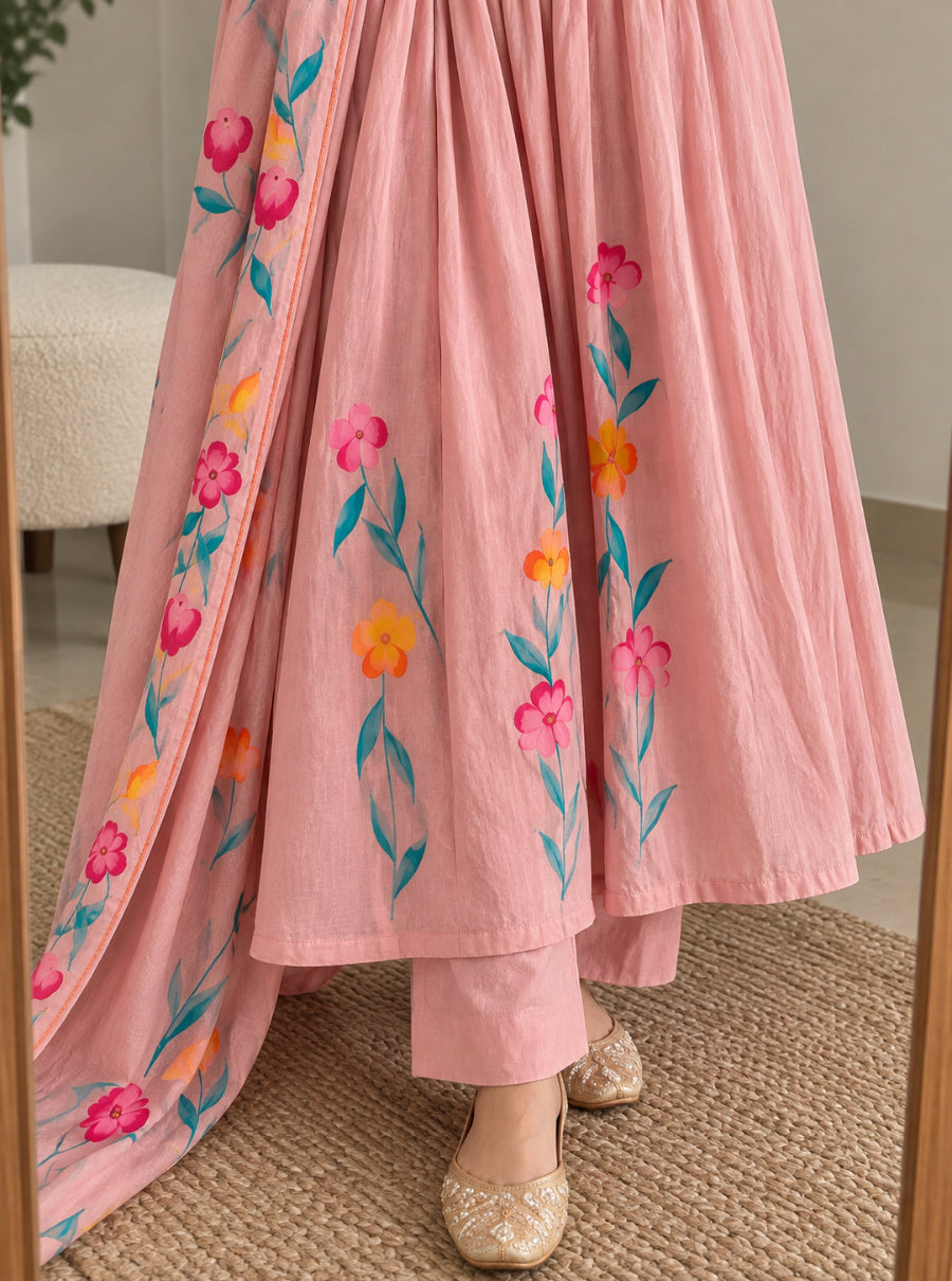 Sunehri Pista & Gulab Blush — Hand Embroidered Mulchanderi Suit Set