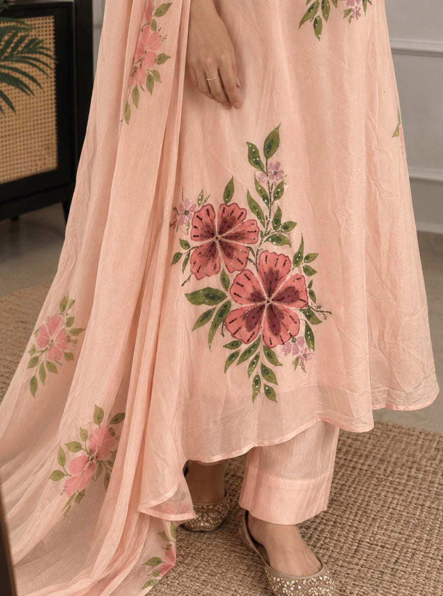 Petal Élan – Peach Floral Chiffon Suit Set
