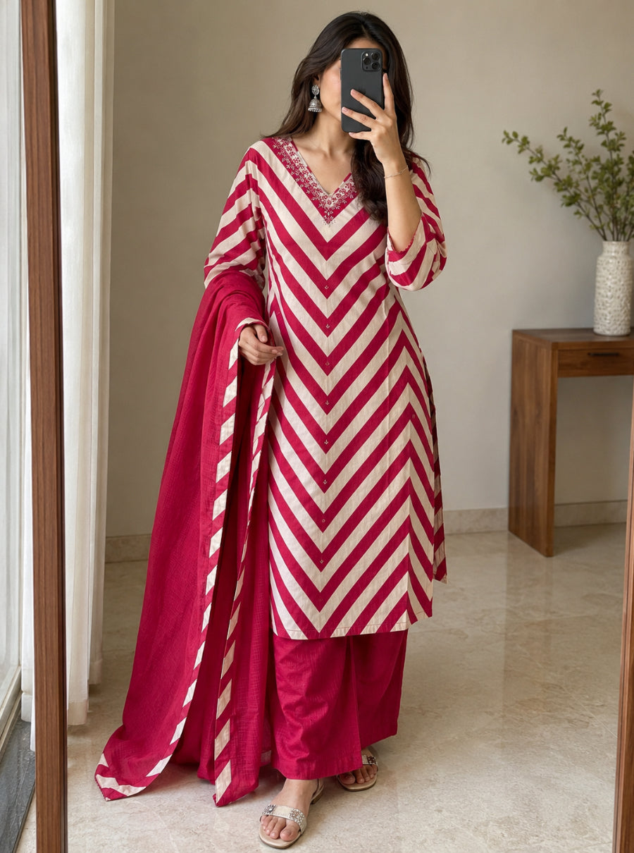 Blush Chevron Bloom Pure Cotton Suit Set with Kota dhoriya dupatta