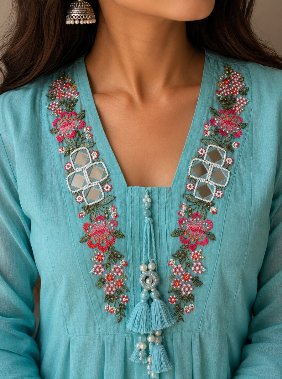 Astera Bloom Mirror Work Cotton Suit Set