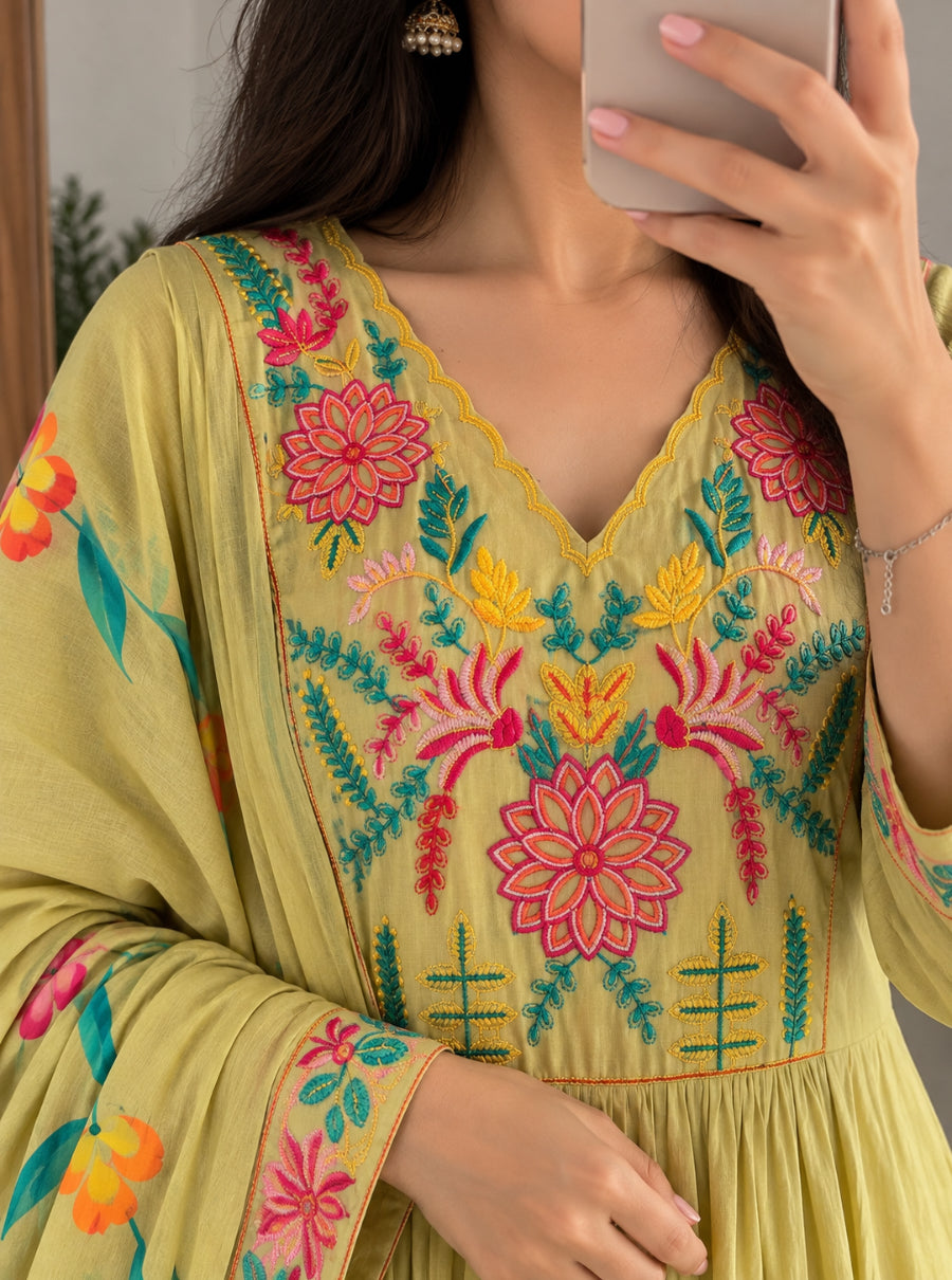 Sunehri Pista & Gulab Blush — Hand Embroidered Mulchanderi Suit Set