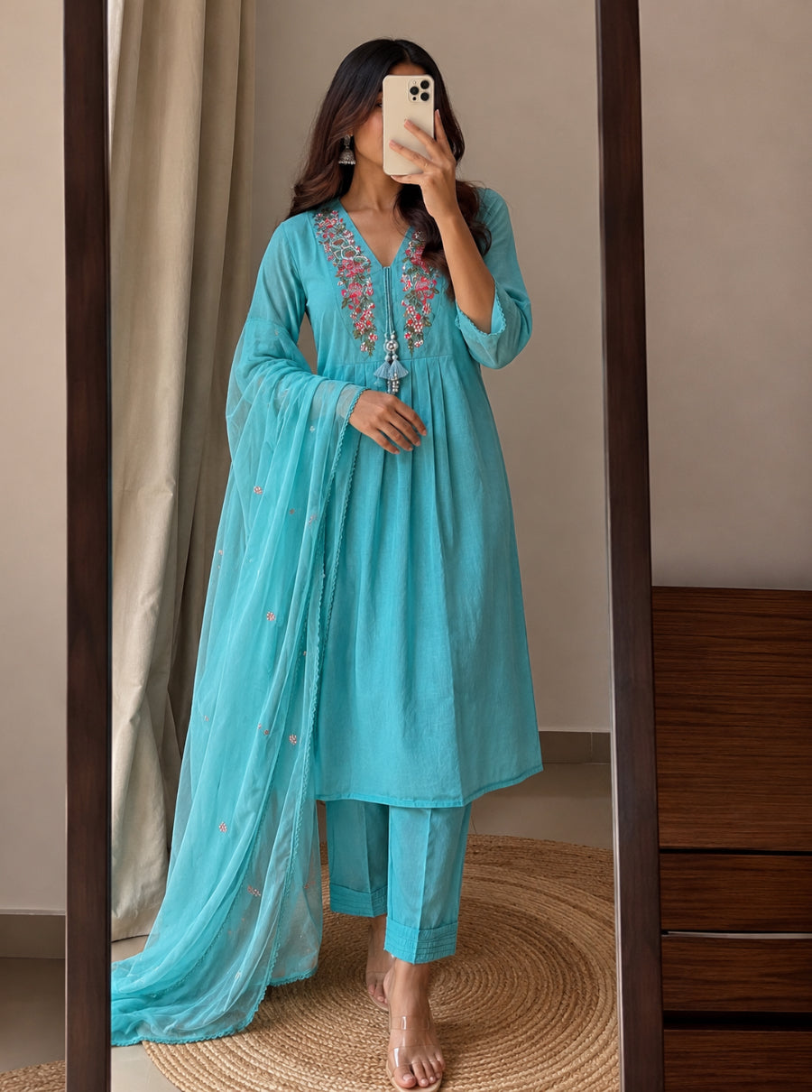 Astera Bloom Mirror Work Cotton Suit Set