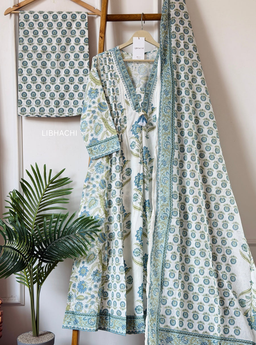 Pink Petals & Pearls – Hand Block Printed Anarkali Suit Set