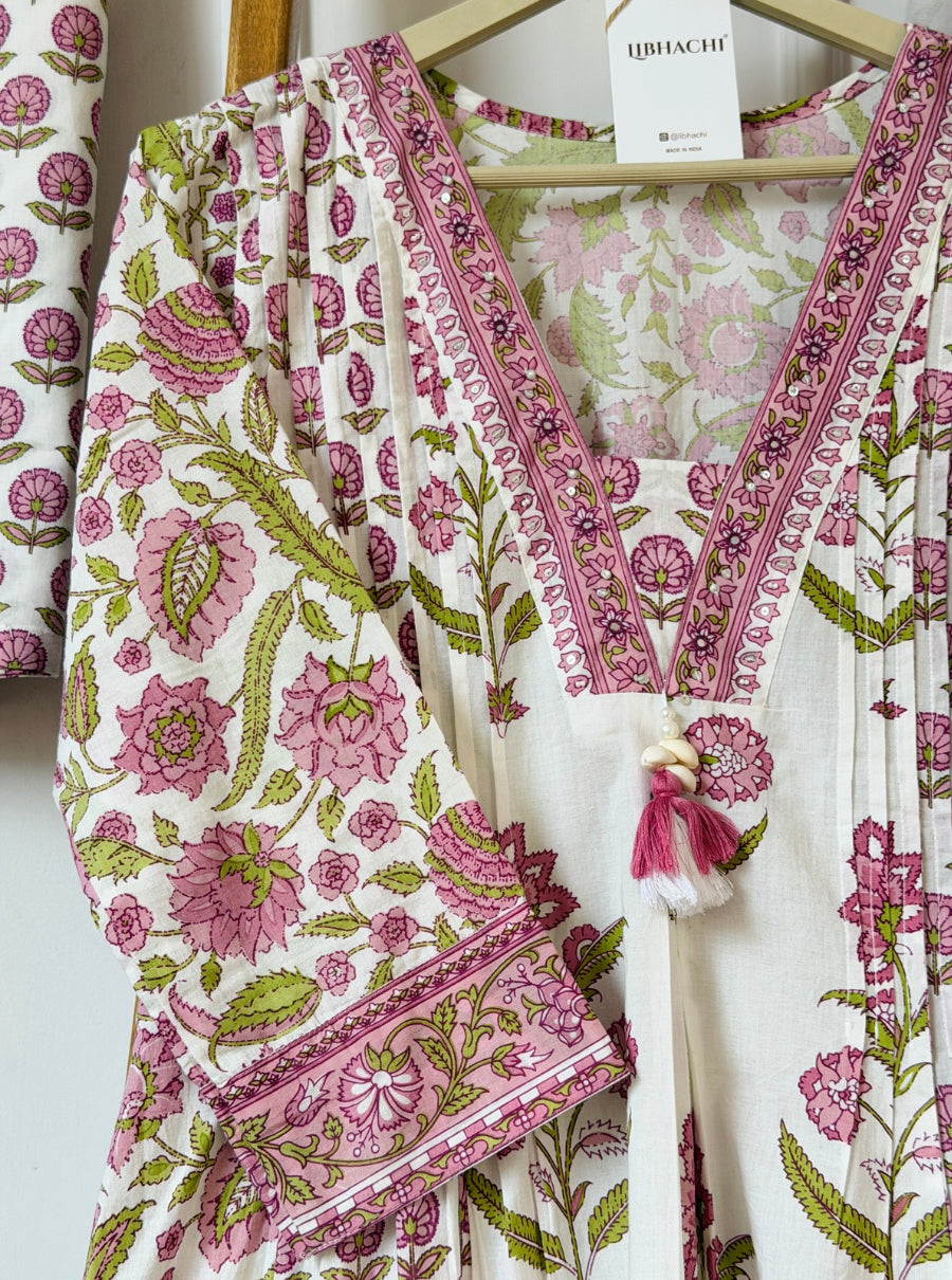 Pink Petals & Pearls – Hand Block Printed Anarkali Suit Set