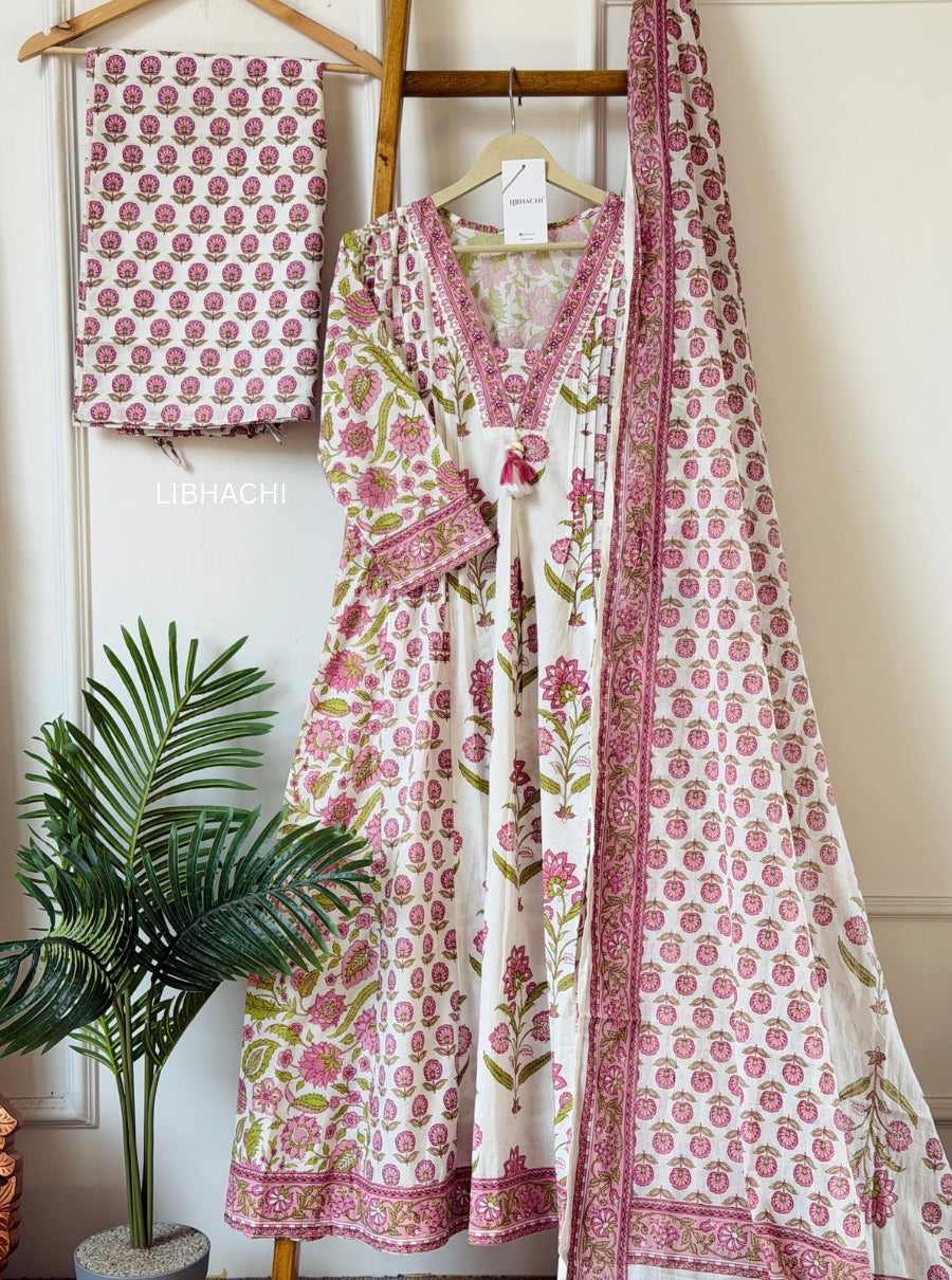Pink Petals & Pearls – Hand Block Printed Anarkali Suit Set